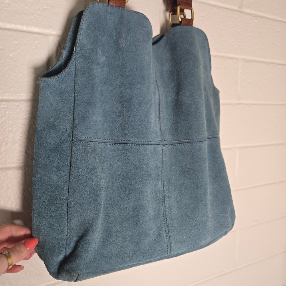 JOYN Blue Suede Tote Large Braided Leather Strap Boho Shoulder Bag - Picture 5 of 16